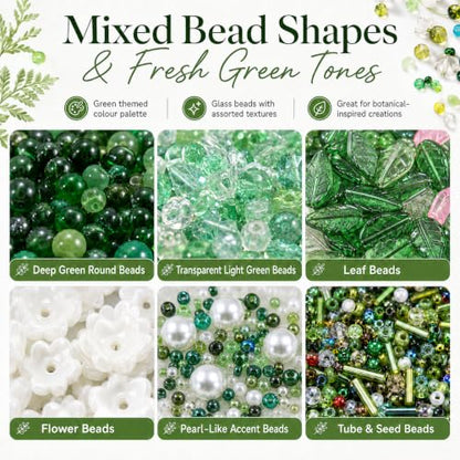 Xapryon Green Glass Beaded Plant Kit with Wire and Craft Guide | Green glass leaf and floral beads with flexible wire and faux moss for beaded plants, jewelry, ornaments and suncatchers