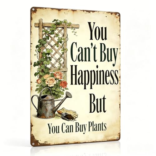 Funny Garden Metal Signs, Vintage Outdoor Wall Decor 8x12 Inch | Can't Buy Happiness But Buy Plants, Weatherproof Aluminum Sign for Patio Yard Greenhouse, Gift For Gardeners - color: You Can Buy Plants