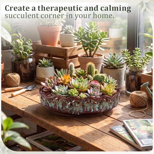 Succulent Planter Pot with Drainage Holes Large Ceramic Glazed Planter with Bamboo Wooden Tray and mesh Pads Shallow Bonsai Pot for Indoor Cactus Flower Plant(Wave-Shaped,Brown Turquoise) - color: Blue and Brown, style: Round