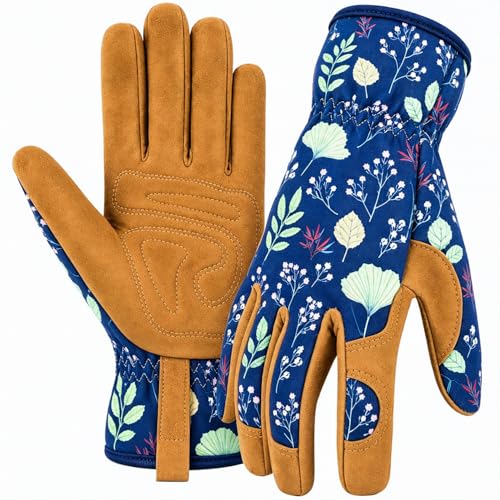 Womens Gardening Weeding Working Gloves, Leather Garden Glove for Women Thorn Proof No Stab for Digging, Planting,Pruning - color: Blue-medium
