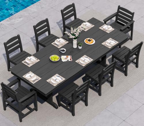 SERWALL 9Pcs HDPE Outdoor Dining Set w/6 Armless, 2 Armchairs for 8,Black - color: Black, size: 9-Piece (1 Table + 6 Armless Chair + 2 Armchairs)