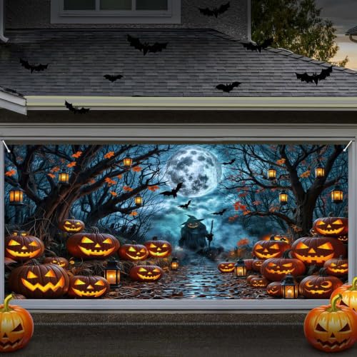 Halloween Misty Dark Forest Garage Door Cover Decorations, Moon Night Dark Pathway Pumpkin Bats Garage Buddy Background, Ghost Themed Hanging Indoor Outdoor Spooky Party Decor 16X7FT - color: Black, size: 16X7FT