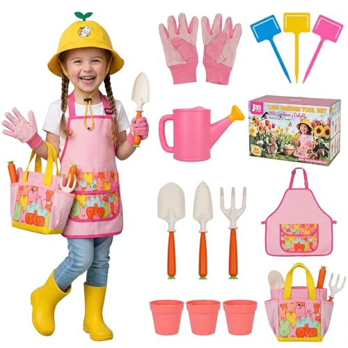 Kids Gardening Outdoor Tools Set with Adorable Sun Protective Hat & Bunny Apron, Carrot-Shaped Shovel Rake Trowel, Garden Kit for Toddlers Ages 3-8, Spring Birthday Gift - color: yellow