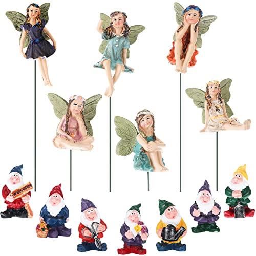 Queekay 13 Pieces Fairy Garden Miniature Accessories 6 Pcs Mini Fairy Figurines and 7 Pcs Tiny Gnomes for Outdoor Garden Yard Lawn Indoor Pot Plants Supplies Home Decor