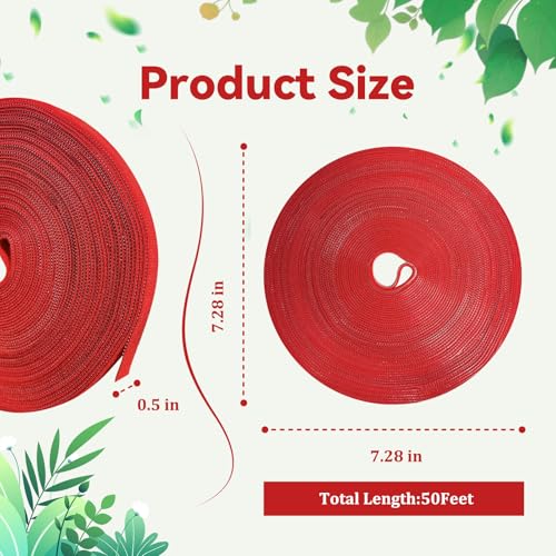 50FT Nylon Garden Tie Plant Tape Supports for Climbing Plants Red | Cut Design, Reusable Sturdy Adjustable Garden Tape for Plants, Flowers, Vines and Tree Holiday - color: Red