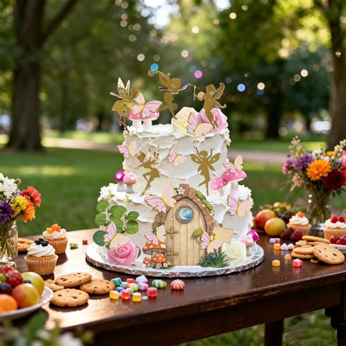 30 PCS Fairy Cake Toppers Fairy Garden Cake Decorations with Gold Fairies | Mushroom Door, Pink Butterfly Toppers, Foam Flowers for Girls Birthday Baby Shower Woodland Party Decor