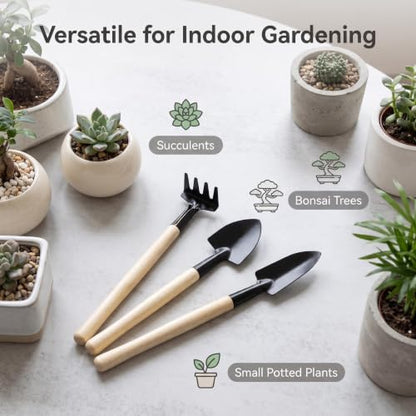 6PCS Garden Hand Tools Set Wooden Handle Mini Shovel Rake | Mini garden hand tools with wooden handles and metal heads for transplanting seedlings and cultivating soil. - color: Mini Small Size 6-Piece Set
