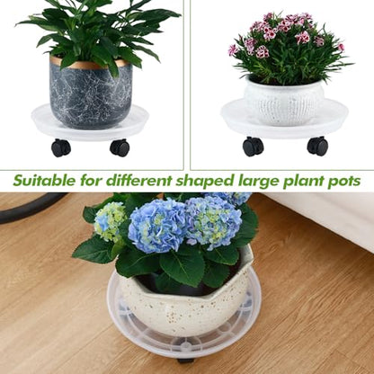 4 Packs Plant Caddy with Wheels 11.8" Plastic Rolling Plant Stands Heavy-duty Plant Dolly with Casters Indoor Outdoor Wheeled Plant Roller Base Large Planter Saucers Plant Mover - color: Clear white