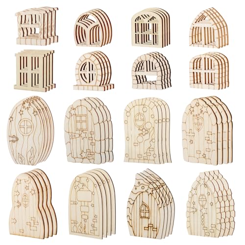 64 Pcs Fairy Door Mini Wooden Garden Doors Unfinished Miniature Diy, Tooth Fairy Garden Accessories Outdoor Natural Wood Elf Door Blanks for Mini House Accessories Home Wedding Party Christmas Crafts