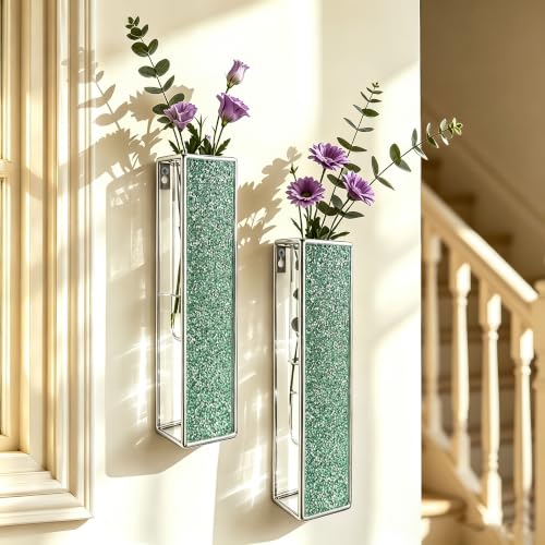 2 Pack Metal Wall Vase Set with Tubes Modern Farmhouse Wall Decor for Living Room Bathroom Bedroom Hanging Wall Planters with Artificial Plants Boho Wall Décor - color: Sliver-crys Lake Green
