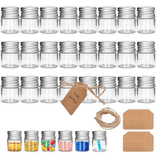24Pcs 5ML 0.84"X1.23" Small Glass Mini Jars with Metal Lids Message Bottle Terrarium Jar Tiny Wishing Bottles miniature Sand Art Bottles Sample for DIY Crafts (24, 5ML) - size: 5ML