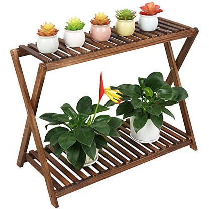 Wood Plant Stand Shelf Indoor Outdoor 2 Tier Plant Bench Corner | Stepped Flower Stand Plant Table Planter Shelf Holder Rack in Patio Balcony Entryway Porch Livingroom (Classic X-Cross )