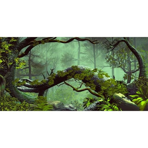 AWERT 36x20 inches Foggy Forest Terrarium Background Stone Green Tree Tropical Reptile Habitat Background Rainforest Aquarium Background Durable Polyester Background - size: 36x20in/90x50cm