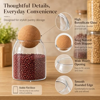 RHBLME 3 Pack Glass Storage Containers with Ball Cork, 17 Oz/500ML Glass Jar with Cork Lid, Round Cork Glass Bottle, Small Candy Jar with Wood Ball Lid for Food, Coffee, Sugar, Spice, Tea, etc