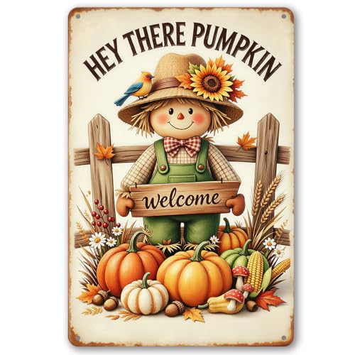 Welcome Fall Metal Signs, Vintage Scarecrows Decor 8x12 Inch | Hey There Pumpkin Autumn Wall Art for Home Farm Yard Patio Garden, Thanksgiving Friendsgiving Gifts - color: Hey There Pumpkin
