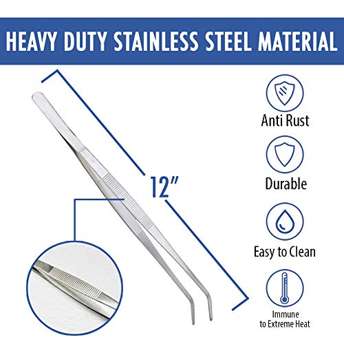 12 Inch Kitchen Long Tweezers Tongs | Cooking Tweezers Stainless Steel, Ideal for Meat Pasta Plating Pinching Delicate Small Pieces of Food - style: Curved Tip - 12"