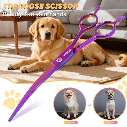 7.5" Dog Grooming Scissor - Professional Down-curved Shear with Ergonomic Handle Japanese Stainless Steel Hair Scissor for Dogs, Cats and Other Pets, Sharp (Curved, Purple) - color: Purple