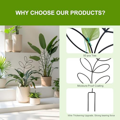 2 Pack 14.6 Inch Plant Trellis Indoor for Climbing Plants with 50 Plant Ties, Small Metal Garden Trellis for Potted Plants, Leaf Shaped Support for Ivy Hoya Pothos Monstera Houseplants
