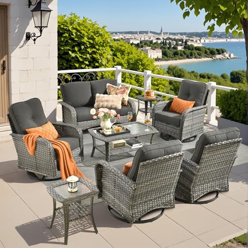 8 Piece Wicker Patio Furniture Set with Swivel Chairs, Black - color: Black, size: 8 Pcs Patio Set