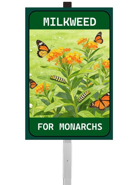 Garden Signs 28" Tall Stake, Milkweed For Monarchs, High-Contrast Metal Print Yard Sign, 8" x 12" - color: c3, size: Silver Sleeve 28" Ht