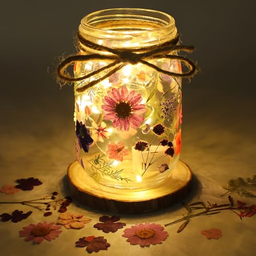 Tinideya 154 Pcs DIY Pressed Flowers Mason Jar Set Pressed Flower Lanterns 12 Mason Jar 140 Natural Real Dried Flower Centerpiece Making Favor for Wedding Craft