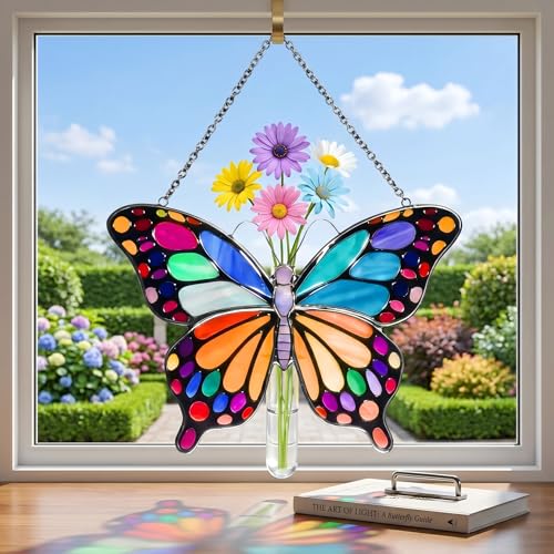 Butterfly Sun Catcher Stained Glass Vase with Test Tube – Propagation Stations Butterfly Planter - Handcrafted Gift Window Hanging Ornaments Decor, Mother's Day Birthday Gifts for Women, 6.7" x 5.1" - size: Medium (6.7" x 5.1")