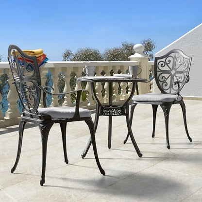 NUU GARDEN Outdoor 3-Piece Bistro Set with Cushions, Round 24 Inch Cast Aluminum Bistro Table with 2.17" Umbrella Hole, 2 Cast Aluminum Bistro Chairs, for Patio, Garden, Backyard and Balcony, Black - color: Bistro With Gray Cushion
