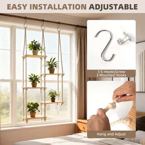 Window Plant Shelves for Indoor Plants Plant Shelf Indoor Wall Mounted Hanging Plant Stand with Wooden Shelves for Windowsill Boho Indoor Plant Shelf for Window Sill