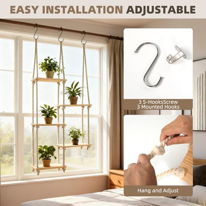 Window Plant Shelves for Indoor Plants Plant Shelf Indoor Wall Mounted Hanging Plant Stand with Wooden Shelves for Windowsill Boho Indoor Plant Shelf for Window Sill