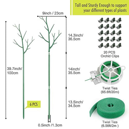 6 Pack Plant Support Stakes for Indoor Plants, 39.37 Inch Tall Twig Plant Sticks with Orchid Clips Twist Ties and Plant Ties for House Potted Monstera Plants Support, Green