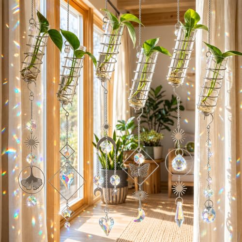 6Pcs Wall Hanging Glass Propagation Station with Crystal Planter Suncatcher - color: Silver-2