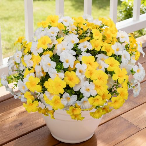 12 Bundles Artificial Flowers for Outdoors UV Resistant Fake Morning Glory - color: Yellow,white