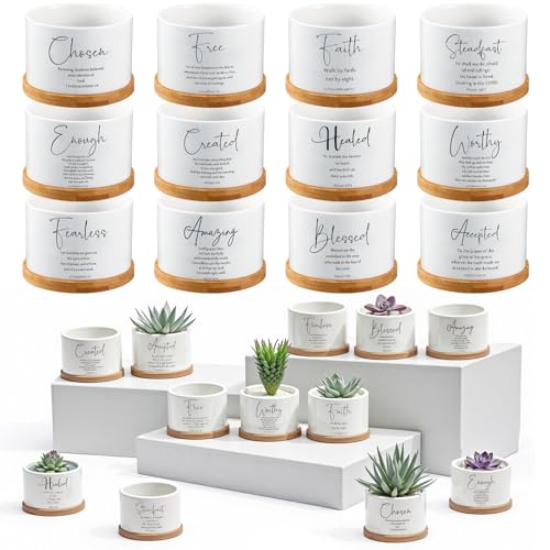 Fumete 36 Set Christian Religious Gift Bulk Bible Verse Succulent Pots with Tray Drainage, 12 Scripture Quote, 3x2 in Mini Ceramic Flower Planter for Home Church Pastor Appreciation Gift (Mixed Style) - style: Mixed Style
