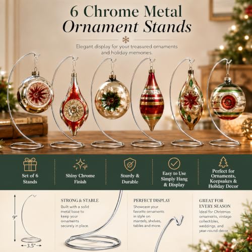 Silver Ornament Display Stands Set of 6, 9 Inch Chrome Metal Hanging Stands for Christmas Ornaments, Jewelry, Terrariums, Glass Globes, Air Plants, Crafts, Collectibles and Decorative Tabletop Displays - size: 6 Pack