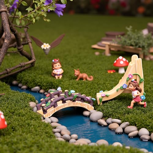 Kai Dream Miniature Fairy Garden Accessories Set, 2 Piece Resin Decorative Landscape Kit with Bridge and Slide, Floral Garden Ornaments - style: Slide, Bridge Set