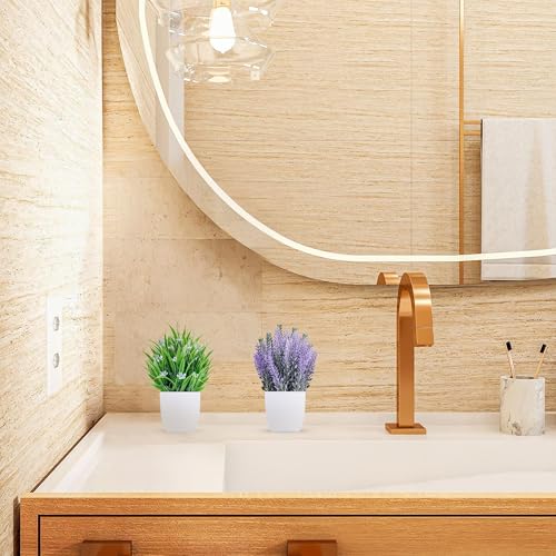 Der Rose 4 Pack Small Fake Plants with Flowers, Bathroom Desk Decor Indoor | UV-resistant fake flowers, varied bloom styles in white pots, for desk shelf bathroom office and spring classroom decor