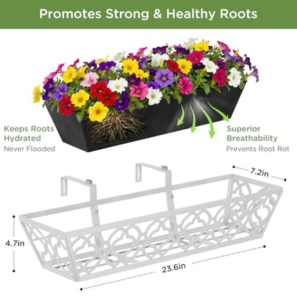 Y&M 24'' Railing Planter Box Set with Black Non-Woven Liner, Gray Metal Large Hanging Flower Boxes with Adjustable Brackets for Fence, Deck, Balcony, and Garden - 4 Pcs - color: Flower 24in 4p-gray