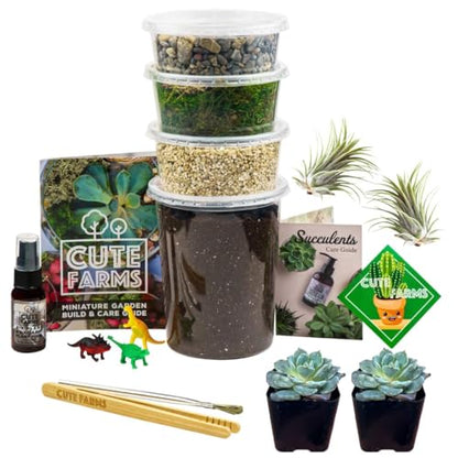 Cute Farms Terrarium Starter Kit | Moss, Vermiculite, Soil, Pebbles, Plant Food, Finishing Tools, Build and Care Guide | DIY Succulent Terrarium for Adults and Kids (Large + Live Plants) - size: Large Kit + Live Plants