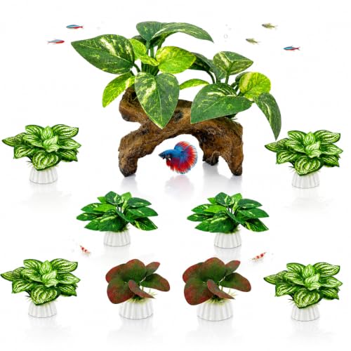 9-Pack Silk Aquarium Plants & Driftwood Cave Fish Tank Decor Accessories - color: G（green 9 Pack）
