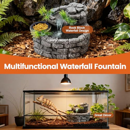 MIXJOY 2 in 1 Reptile Water Fountain with Food Dish 550ML, Terrarium Reptile Waterfall Drinking Fountain, Reptile Water Dispenser for Bearded Dragon Gecko Tree Frog Turtle Chameleon Leopard Lizard