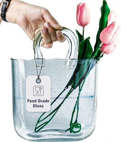 OLEEK Purse vases for Flowers (Handmade) Glass Bag vase -10 Inches- Blue for centerpieces & Fish Bowl - Handbag Unique Flower vase Decorative - Glass Handbag for Cute Room Decor - color: Light Blue