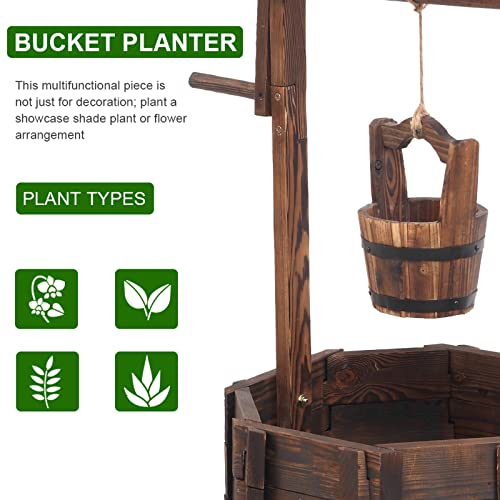 Wooden Planter, Wishing Well with Height Adjustable Bucket | Triangulated Roof for Garden Planter Patio Decoration Yard Ornamental Home Décor