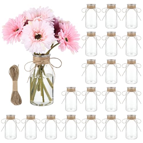 20 Pcs Plastic Bud Vases Bulk with Twines Rope, 5.5” Small Flower Vase for Table Centerpieces, Clear Mini Bottle Vase for Flower, Home Office Wedding Table Decorations