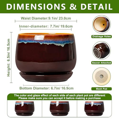 9 Inch Flower Pots - Ceramic Planter with Drainage Hole and Saucer, Decorative Ceramic Pots for Indoor Plants, Round Plant Pot, Garden Home Living Room Decor, Housewarming Gifts, Brown-Blue - size: 9 Inch, style: Brown-blue