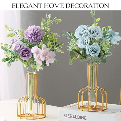 Metal Glass Plant Vase with Stand, Modern Decorative Glass Tube Planter for Tabletop, Home or Office Water Display Flower Vase