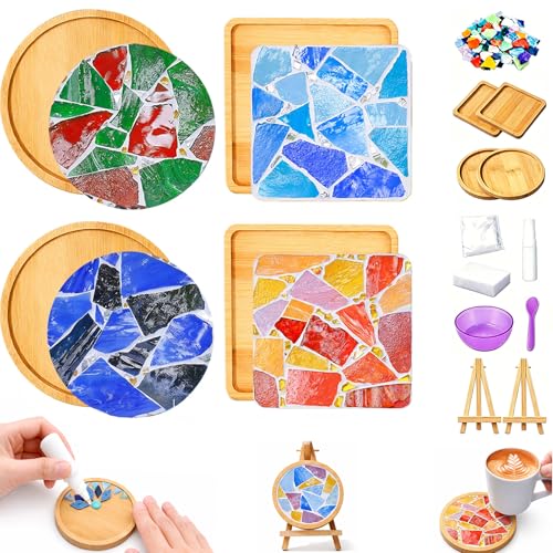 GHAHILI 4 Sets DIY Mosaic Kits for Adults Glass Mosaic Tiles for Crafts with Wooden Coasters for Women Mixed Color Mosaic Kit Craft Coaster Project Handmade Making Kit Set for Home Decor Gifts - color: Style B