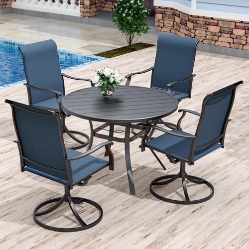Anmutig 5 Piece Patio Dining Set, 41" Round Table & 4 Swivel Chairs, Blue | Weather-Resistant Textilene, Powder-Coated Steel Frame, Umbrella Hole, Easy Assembly, Balcony, Garden, Backyard, Poolside - color: Blue, size: Table-41"*41", style: Arm Style2
