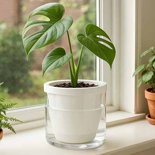 D'vine Dev Self-Watering White Terracotta Planter Pot, 6 in, 37-X-B-2 | Terracotta & Glass Design, Clear Water Reservoir, Visible Water Level, Easy Plant Care, Ideal for Busy Plant Lovers - color: White, size: 6 Inch