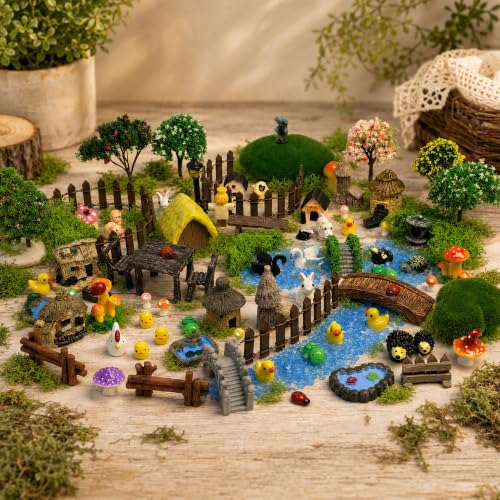 90Pcs Fairy Garden Kit Complete Miniature Figurines Accessories Set with Faux Moss Moss Houses Mushrooms Animals Trees Windmill Fences Pond Decor for Indoor Outdoor Lawn Plant Pots