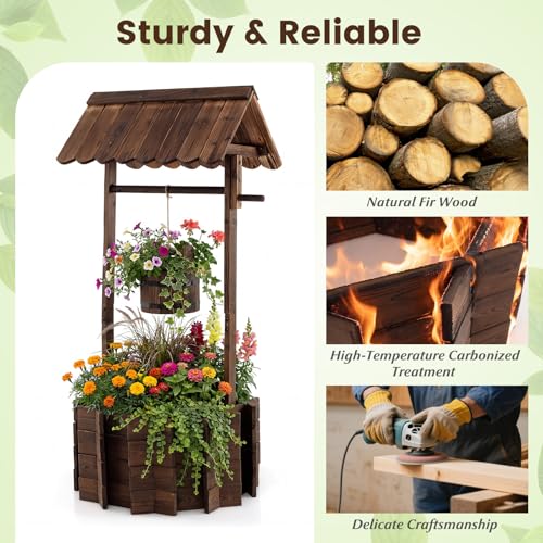 Giantex Wooden Wishing Well Planter with Hanging Bucket, Carbonized Fir Wood Outdoor Garden Planter for Flowers, Rustic Decorative Flower Pot for Yard Patio Deck Home Decor
